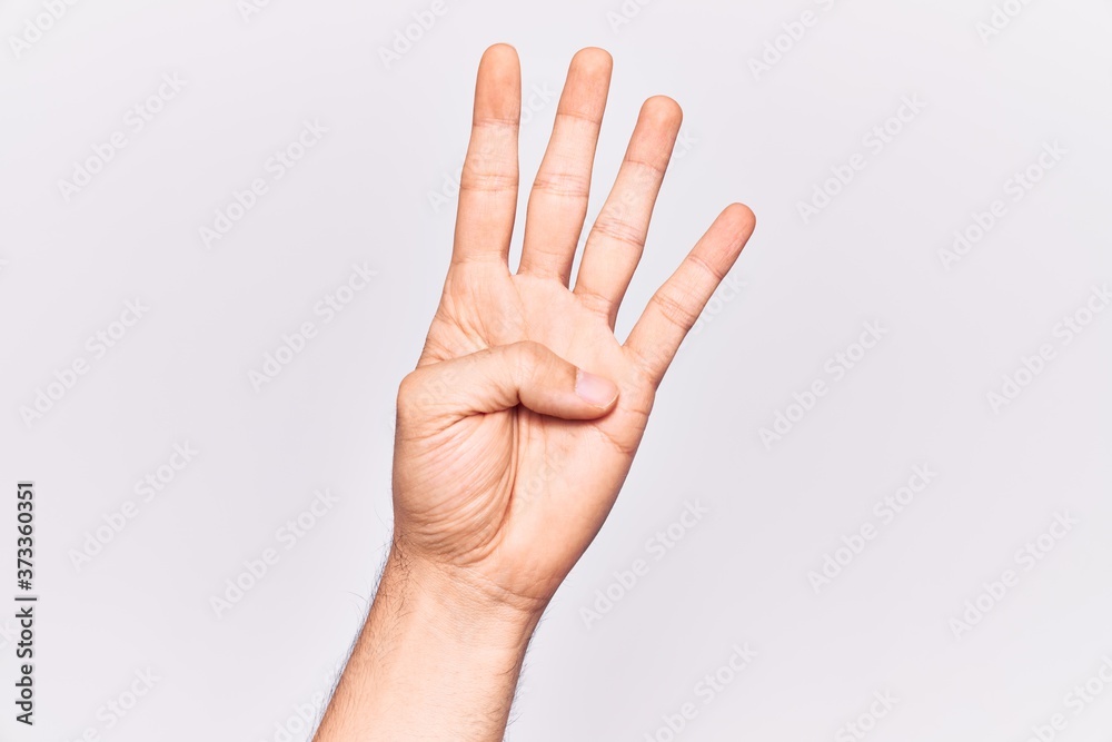 Close up of hand of young caucasian man over isolated background counting number 4 showing four fingers - obrazy, fototapety, plakaty 