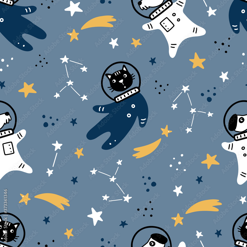 Hand drawn seamless pattern of space with star, comet, rocket, planet, cat, dog astronaut element. Cute pattern by doodle style. Vector illustration for kids fabric, children wallpaper, texture. Hand drawn seamless pattern of space with star, comet, rocket, planet, cat, dog astronaut element. Cute pattern by doodle style. Vector illustration for kids fabric, children wallpaper, texture.