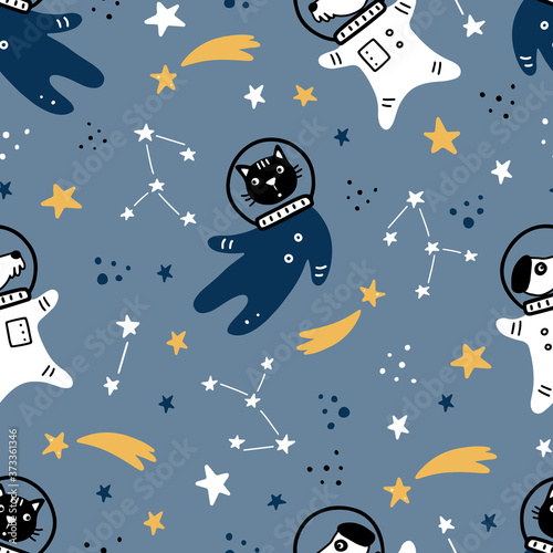 Hand drawn seamless pattern of space with star, comet, rocket, planet, cat, dog astronaut element. Cute pattern by doodle style. Vector illustration for kids fabric, children wallpaper, texture. © Polina Tomtosova