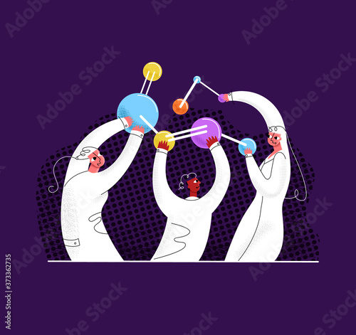Vector flat illustration happy scientists holding, assembling enlarged abstract molecule. Concept discoveries in science, medicine, pharmacy, chemistry, as well as development, research, experiments.