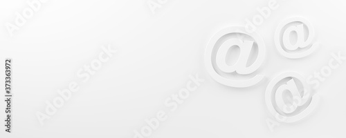 Multiple white e-mail at symbols on white background banner flat lay top view from above, contact us or communication concept