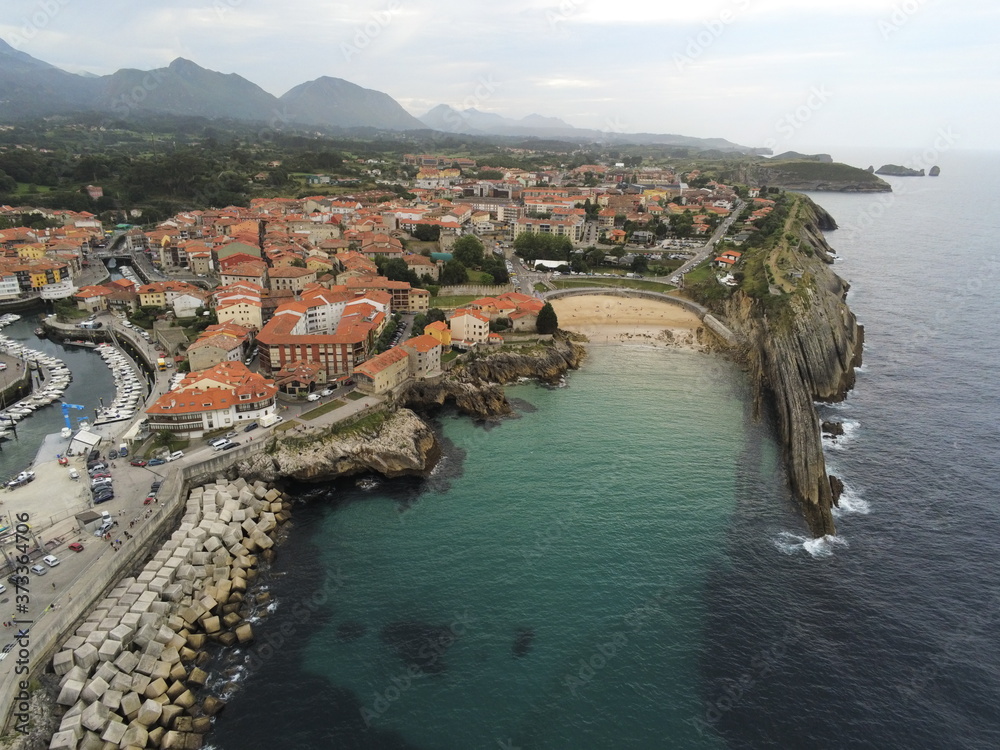Llanes, beautiful coastal village in Asturias. Spain. Aerial Drone Photo