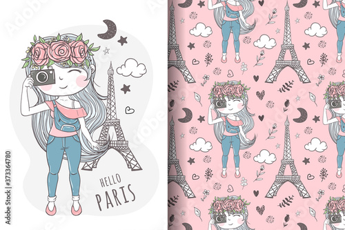 cute girl carrying camera in paris illustration and pattern
