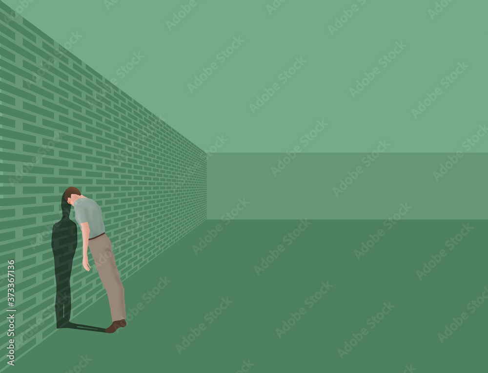 Obraz premium A young man leans his head against the wall in a green room in this illustration about depression. Copy space available.