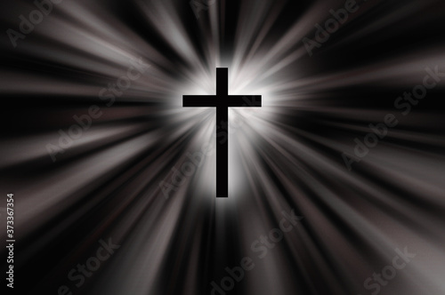 Religioush cross with sun rays shine on the dark background illustration