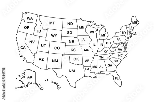 USA map states. Vector line design. High detailed USA map. Labeled with postal abbreviatations. Stock vector.