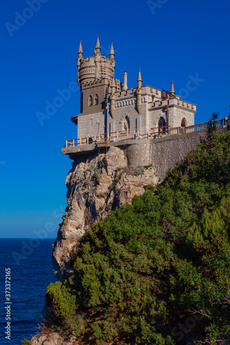 Located on the edge of a cliff above the sea, the Swallow's Nest Castle in Crimea
