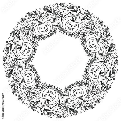 halloween wreath with pumpkins and abstract plants with cobwebs drawn for coloring on a white background, vector