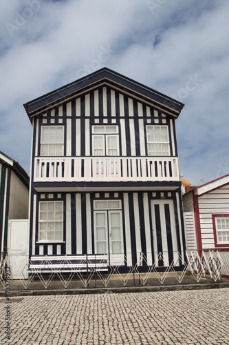 Typical wooden striped houses Costa Nova, Aveiro, Portugal