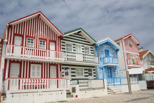 Typical wooden striped houses Costa Nova, Aveiro, Portugal