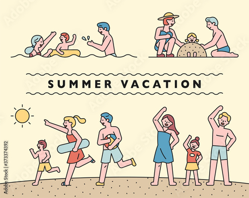 Families are spending summer holidays on the beach. flat design style minimal vector illustration.