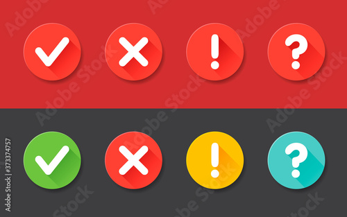 Vector check mark exclamation mark, question mark icons set. Flat icons for web and mobile applications.