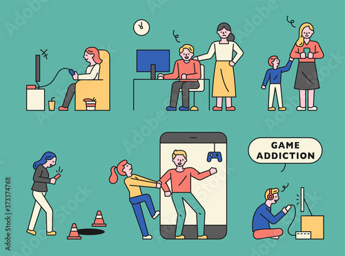 Diverse people addicted to the game. flat design style minimal vector illustration.