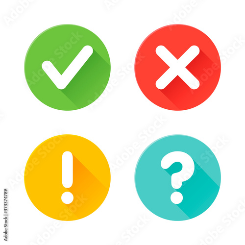 Vector check mark exclamation mark, question mark icons set. Flat icons for web and mobile applications.