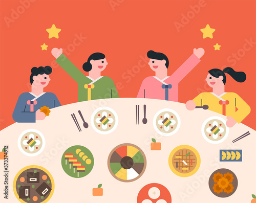 People in traditional Korean clothes sit around the table and eat traditional food. flat design style minimal vector illustration.
