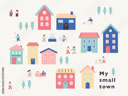 Fototapeta Naklejka Na Ścianę i Meble -  Small town. Cute houses and local people are on the street. flat design style minimal vector illustration.