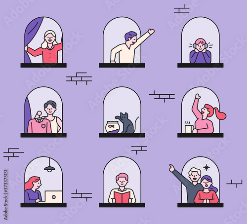 Neighbors seen through building windows. Each has a variety of actions. flat design style minimal vector illustration.