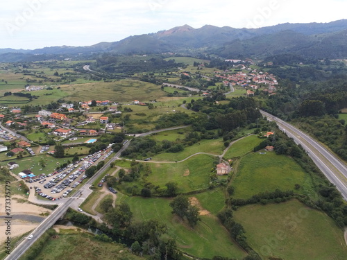 Road in landscape of Colunga  Asturias Spain. Aerial Drone Photo