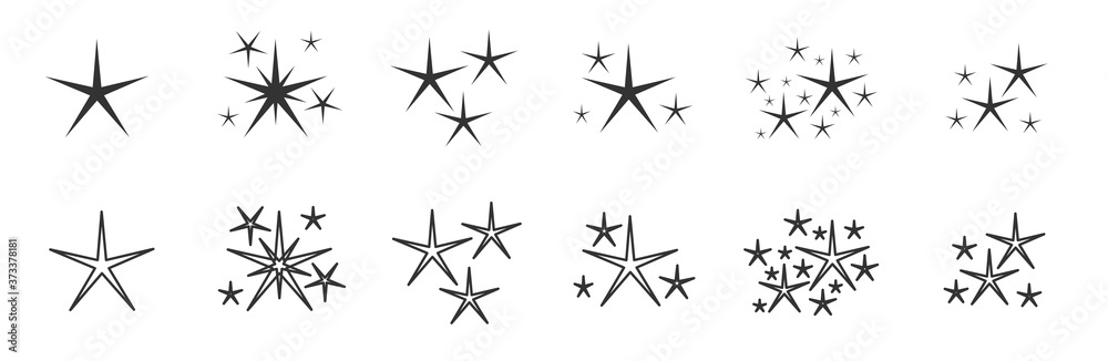Silhouette and line icon set. Empty contour decorative twinkle sparkle lights star. Original elegant glowing light effect. Template of element shape confetti. Isolated on white vector illustration Silhouette and line icon set. Empty contour decorative twinkle sparkle lights star. Original elegant glowing light effect. Template of element shape confetti. Isolated on white vector illustration