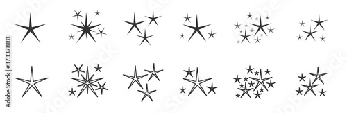 Silhouette and line icon set. Empty contour decorative twinkle sparkle lights star. Original elegant glowing light effect. Template of element shape confetti. Isolated on white vector illustration