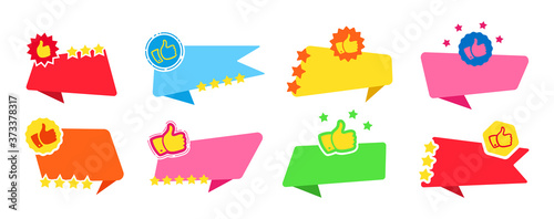 Banner thumb up, for text flat design set. Web icon kit with star, explosion. Recommended tag label collection, sale icons, explosion. Promotion marketing cartoon advertising blank. Isolated vector