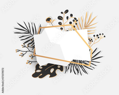 Abstract gold floral frame with exotic tropical leaves, branches, berries. Empty template for text. Luxury decorative modern polygonal geometric white banner. Polyhedron closeup. Vector illustration