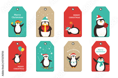 Penguin Christmas sticker tags cartoon set. Sweet label flat hand drawn penguins tags collection. Smile happy New year character with santa hat garland, gift bell, cup. Isolated vector illustration