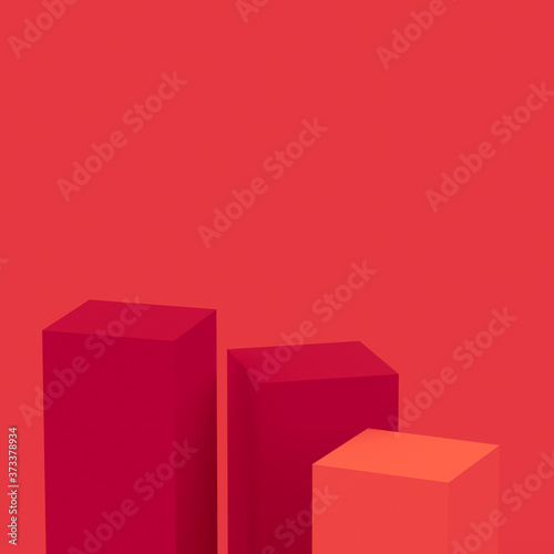 Abstract 3d red cubes square podium minimal studio background.