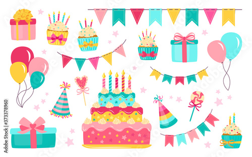 Birthday elements set. Colorful balloons celebration food and candy. Cartoon present cake  candle  gift box  cupcake. Party flat design elements  balloons  sweets dessert. Isolated vector illustration