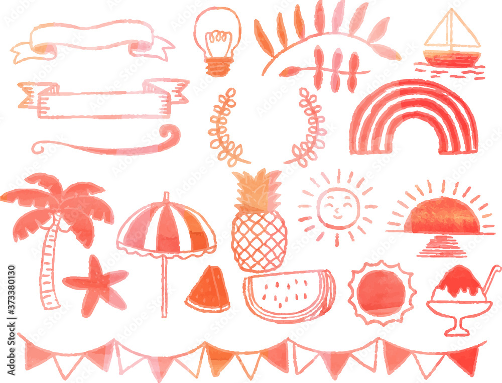 Summer hand drawn material set using warm color watercolor textu Summer hand drawn material set using warm color watercolor textu