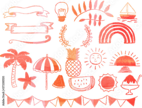 Summer hand drawn material set using warm color watercolor textu