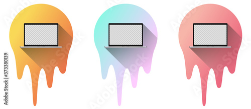 Set of 3 vector laptops, within melting gradient circles, with fading long shadow. TRANSPARENT hole in the laptop screen, for image.