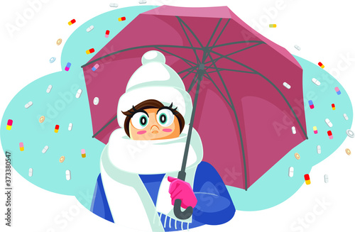 Sick Girl Holding Umbrella Surrounded by Pills Vector Cartoon