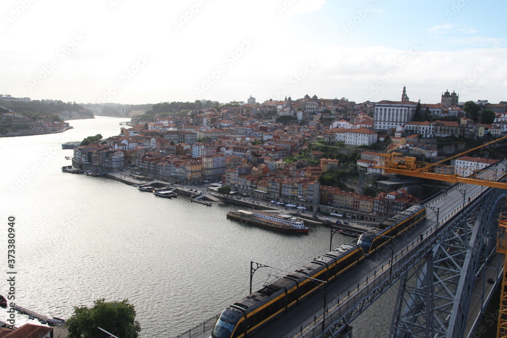View on ancient city Porto,metallic Dom Luis bridge, Ribeira, Porto, Portugal