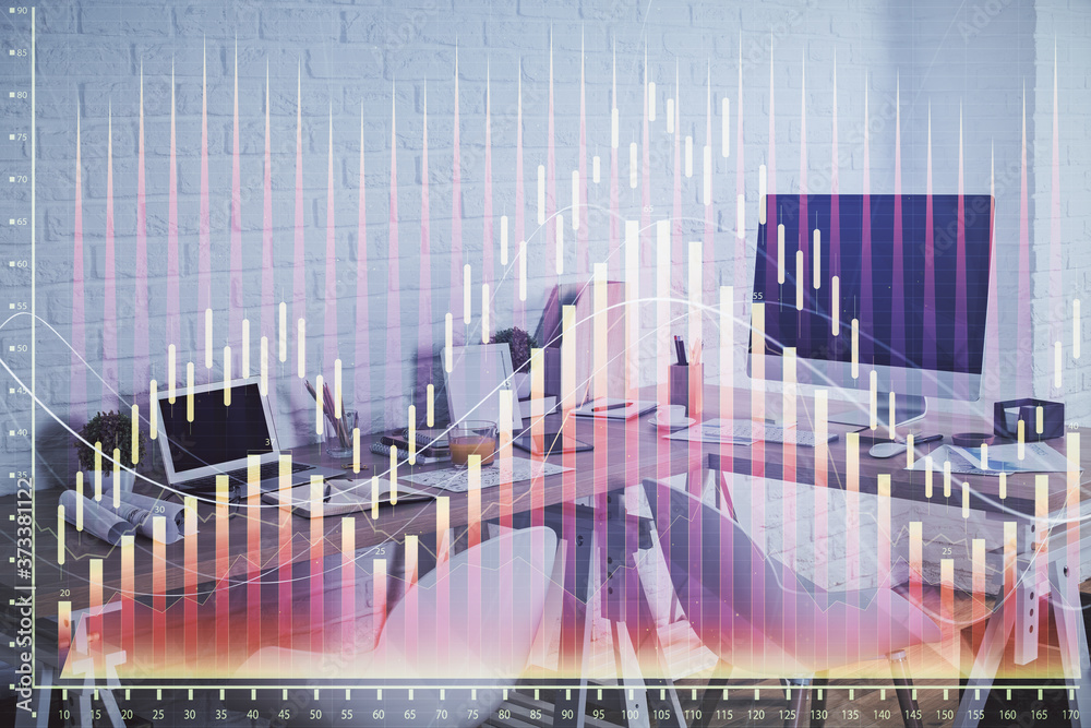 Multi exposure of stock market chart drawing and office interior background. Concept of financial analysis. Multi exposure of stock market chart drawing and office interior background. Concept of financial analysis.