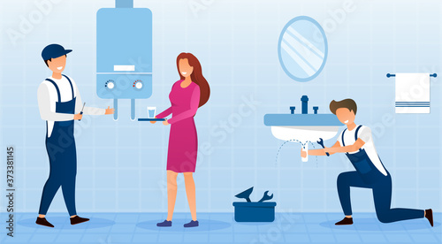 Housewife with emergency plumbing service as two plumbers fix a bathroom sink and geyser, colored vector illustration