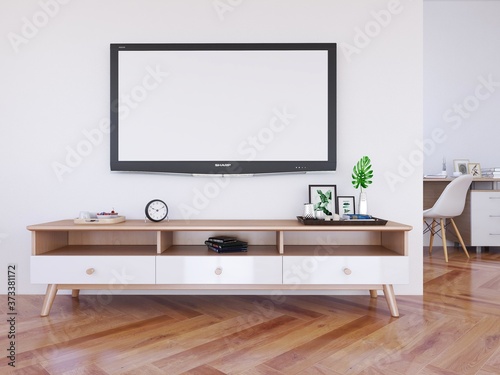 Interior Living Room and Television Mockup. 3D Illustration  3D rendering.