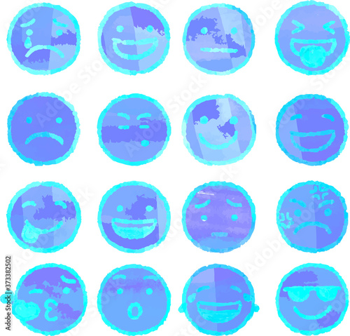 Face icon set using cold color watercolor texture