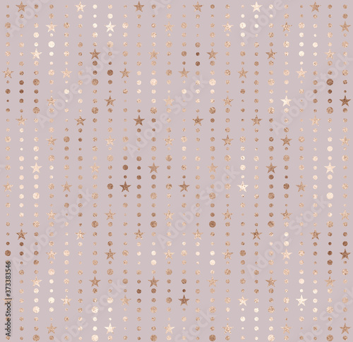 Gold glitter stars and beads of stripes seamless pattern.