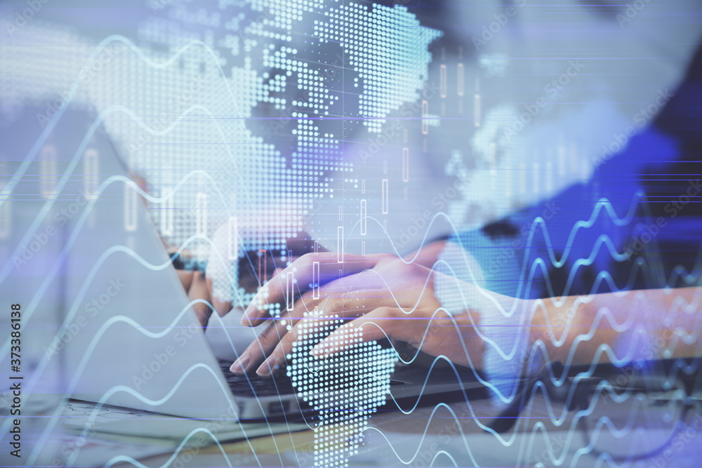 Multi exposure of woman hands typing on computer and financial graph hologram drawing. Stock market analysis concept. Multi exposure of woman hands typing on computer and financial graph hologram drawing. Stock market analysis concept.