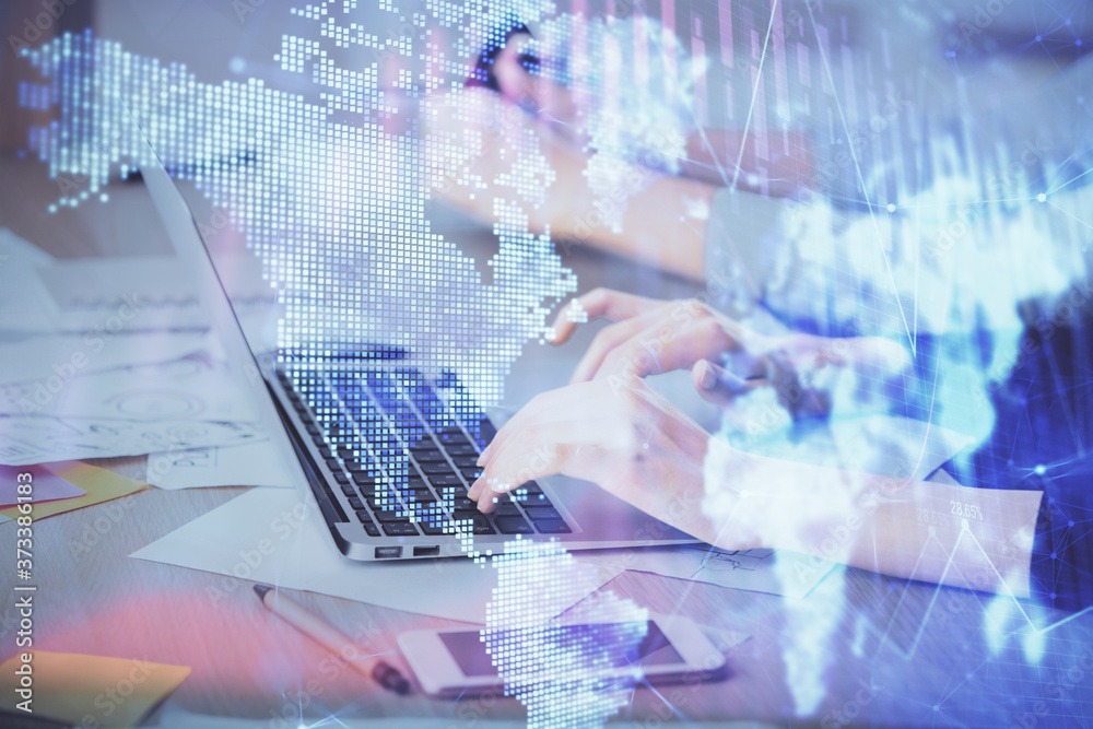 Multi exposure of woman hands typing on computer and financial chart hologram drawing. Stock market analysis concept. Multi exposure of woman hands typing on computer and financial chart hologram drawing. Stock market analysis concept.