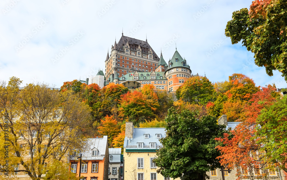 Quebec city landscape in autumn time with historic buildings
