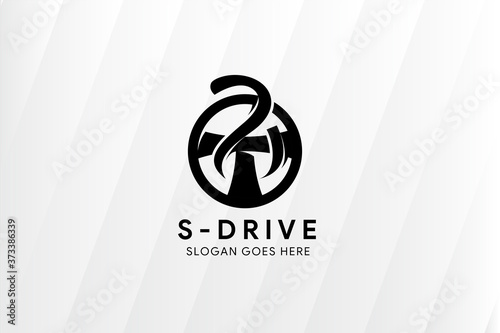 z drive logo design template use black color. The combination letter z and steering wheel of car. Isolated grey gradient background with diagonal pattern. 