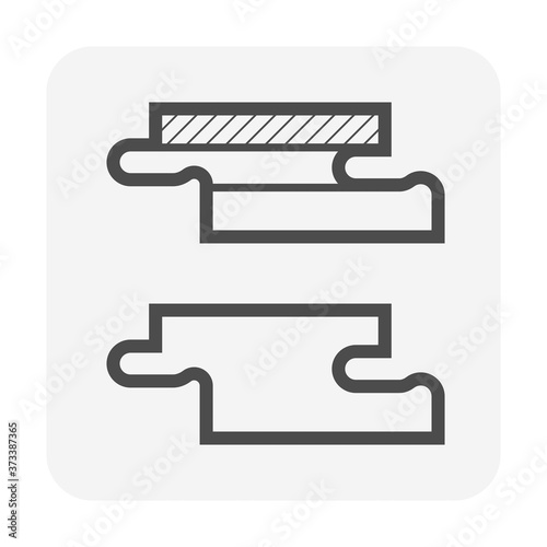 Engineered wood and solid wood flooring construction joint icon in side or profile view. That is a mechanical installation joint with innovative glue-less locking joint system to create gap-free floor