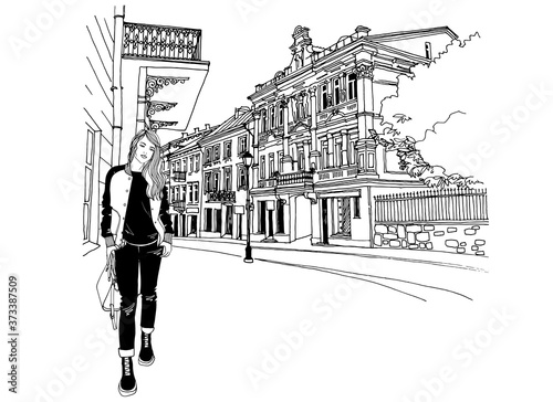 Young walking girl, hand drawn sketch, Black and white line art, full body girl, girl dressed in a jacket and jeans, casual style. Vector illustration on urban background. Vilnius, Lithuania.