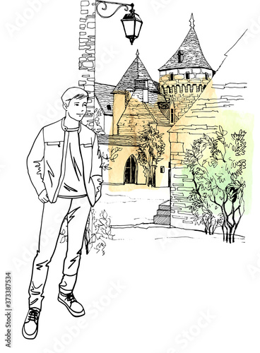 Young man, dressing in casual.style. Full-length figure of a man. Urban sketch background. Old France cityscape. Hand drawn sketch. Isolated. Vector illustration.