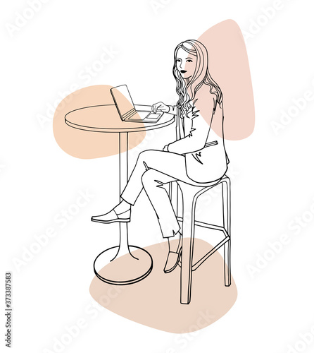 Young pretty girl with a laptop at work. She is sitting in a high chair. Line sketch. Hand drawn image. Black and white vector illustration on sepia blobs background.