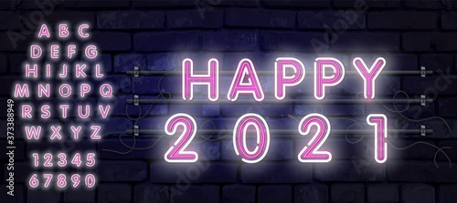Neon New Year 2021 greeting card - neon white letters 2021 neon sign, bright signboard, light banner. Logo neon, emblem.