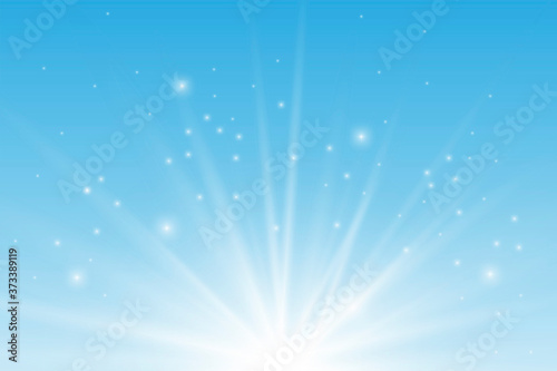 Blue background with light. Abstract rays of the sun. A sky with a bright glow. Vector illustration.