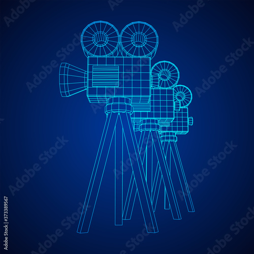 Polygonal camera projector. Movie time. Show film cinema festival concept. Wireframe low poly mesh vector illustration.